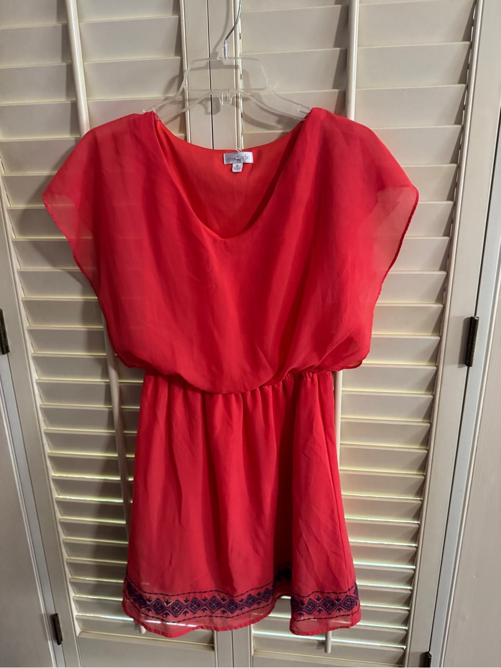 Charming Charlies Women’s Red V-Neck Embroidered Hem Dress